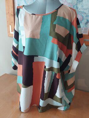 Shein Plus Size Abstract Colour Block Batwing Sleeve Top Earth Tones